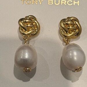 Tory Burch Gold Knot Earrings with White Pearls